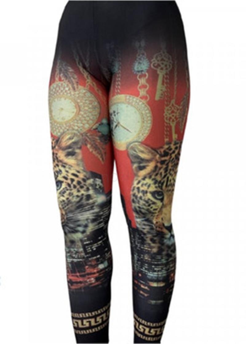 Dámské barevné elastické legíny Leopard & Hodinky XL/2XL (K194)