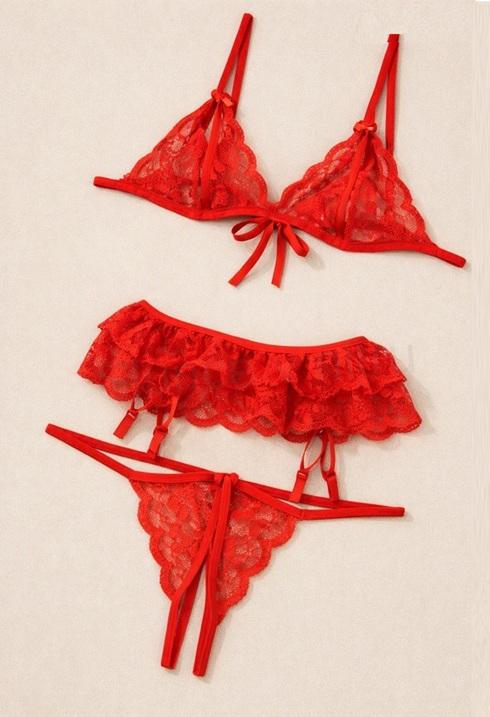 Krajkové sexy spodní prádlo – Set, sada červená1 3dílná (K208)