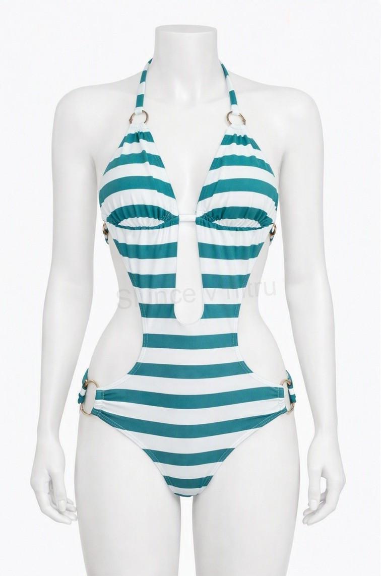Dámské jednodílné plavky Monokini – lesklé zeleno‑bílé, velikost S (K359)