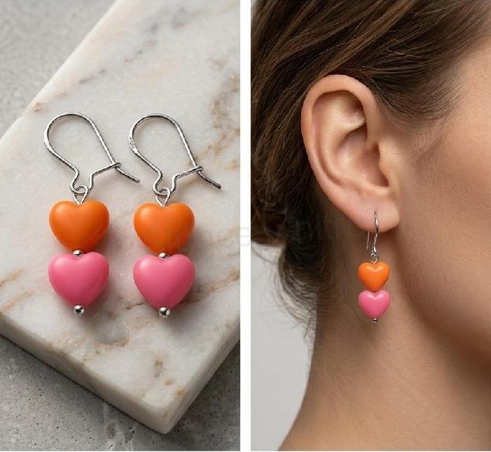 Drobné visací náušnice srdíčka oranžovo-růžová č. 2 (BB783)