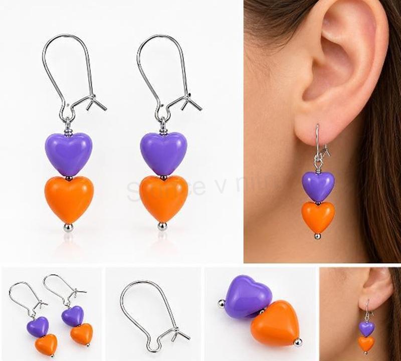 Drobné visací náušnice srdíčka fialovo-oranžová č. 5 (BB783)