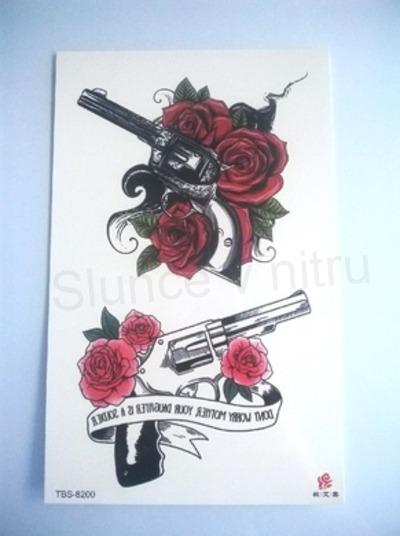 Voděodolné, dočasné tetovaní růže s pistolí (E934)