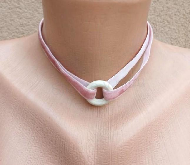Náhrdelník choker sametový s kroužkem dlouhý růžový (BD919)