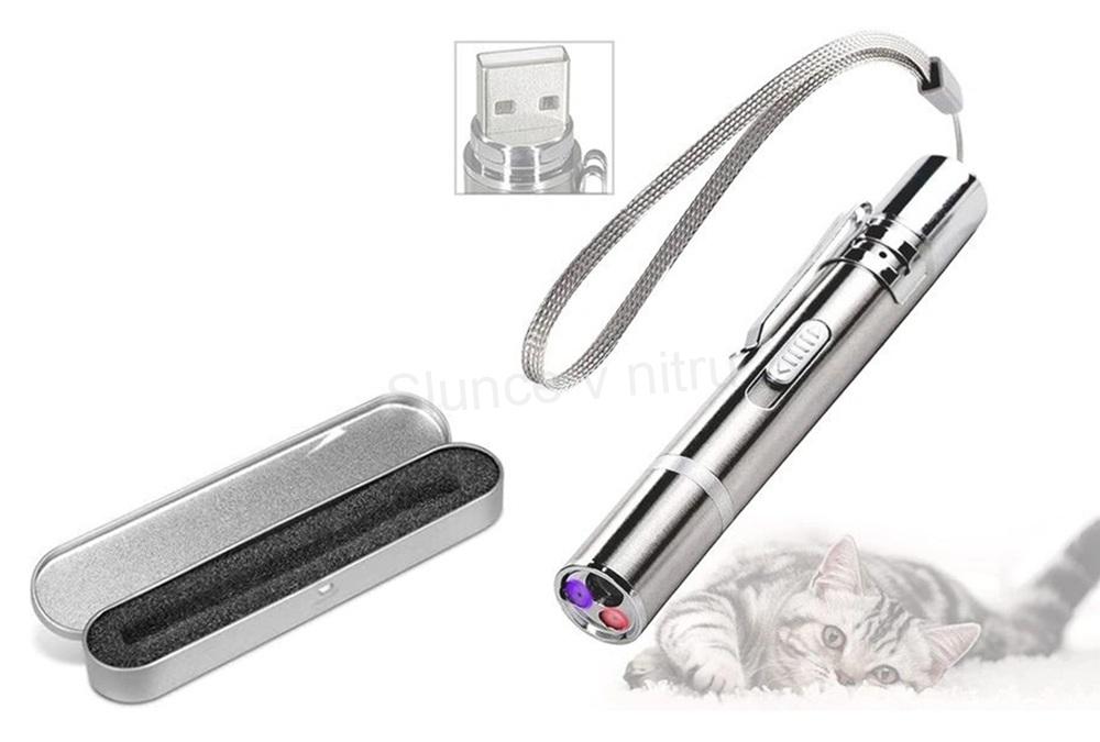 Interaktivní laserová hračka pro kočky 3v1 – USB dobíjecí + kovové pouzdro (T38)