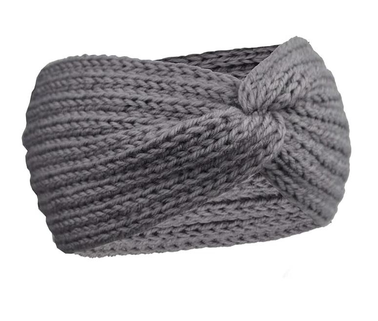 Háčkovaná zimní čelenka DRESHOW – tmavší šedá, turban uzel (K759)