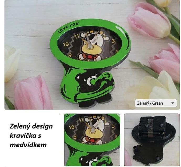 Stolní hodiny s budíkem zelená kravička (H828)