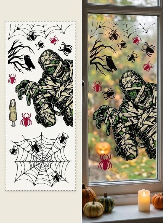 Halloween okenní fólie Mumie, pavouci a pavučiny 30 × 20 cm (E1195)