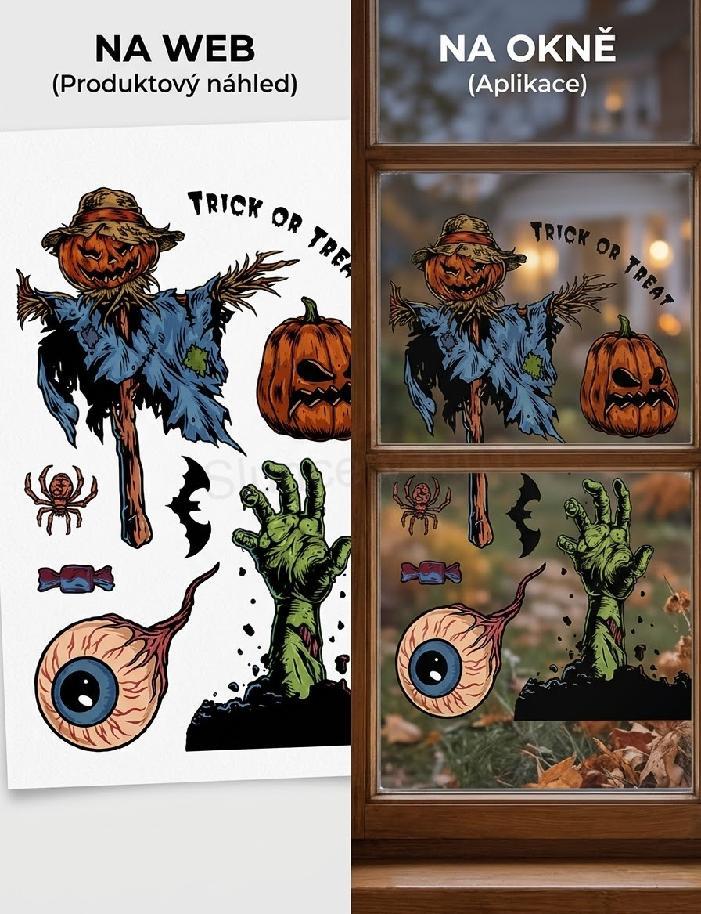 Halloween okenní fólie Strašák, zombie ruka a oko 30 × 20 cm (E1200)