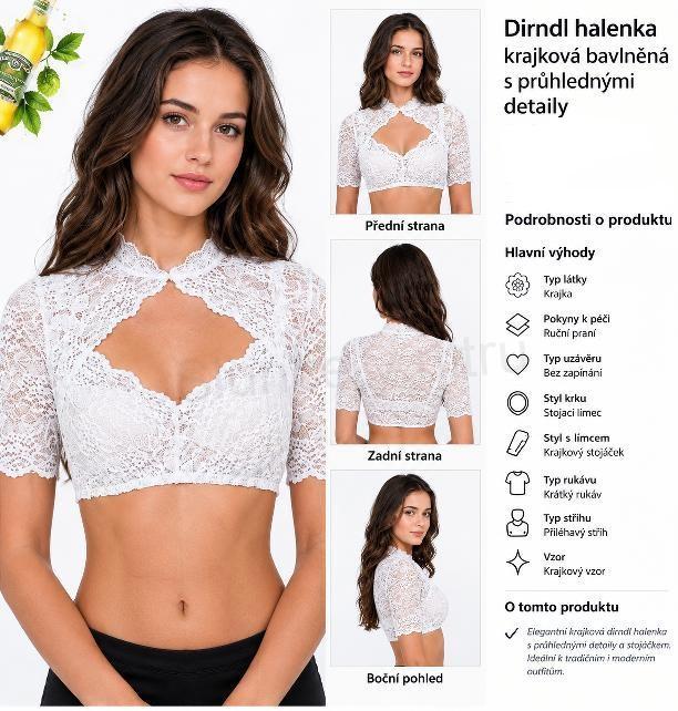 Dámská krajková dirndl halenka bílá velikost L (K819)