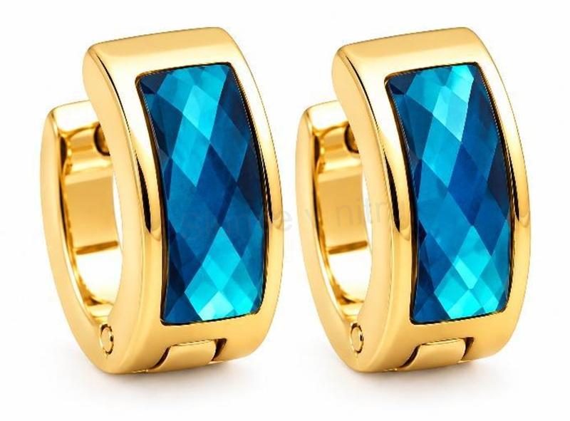 Kruhové náušnice zlaté s modrým krystalem (BB27)
