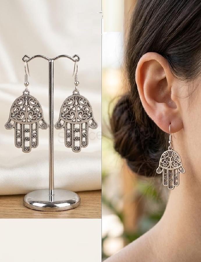 Dlouhé náušnice Ruka Fatimy Hamsa - platinové (BB415)