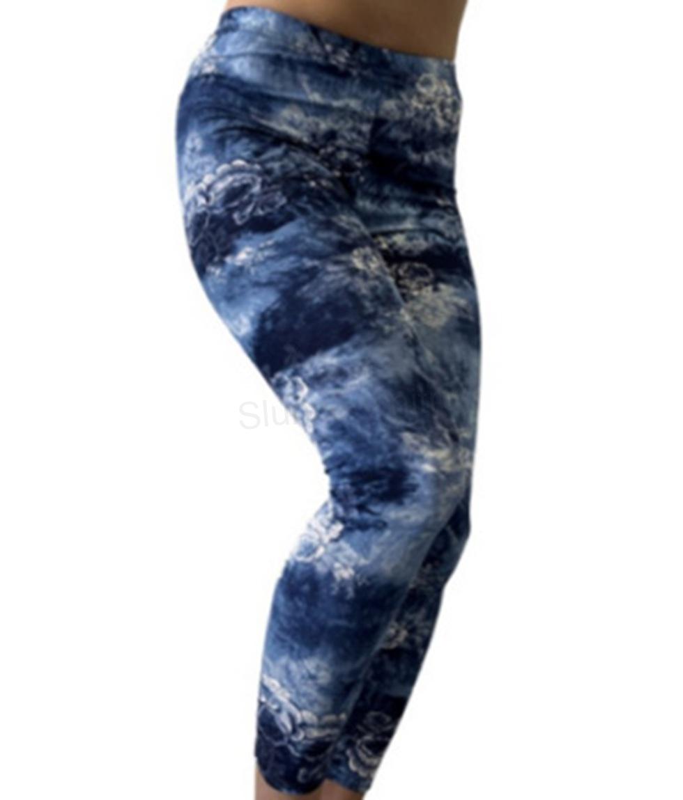 Dámské modré elastické jeans legíny Kytka – velikost XL/2XL (K151)