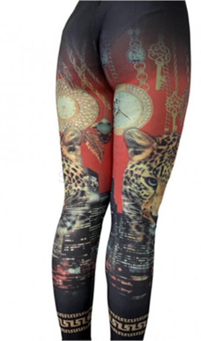 Dámské barevné elastické legíny Leopard & Hodinky M/L (K194)