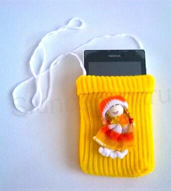 Pouzdro, obal na mobil punčoška s ozdobou šedomodrý (H458)