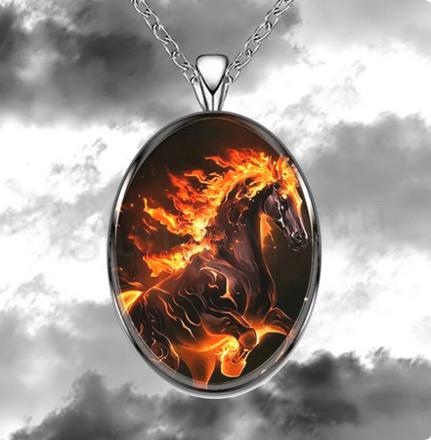 Nerezový náhrdelník černý kůň, plameny (BD798)