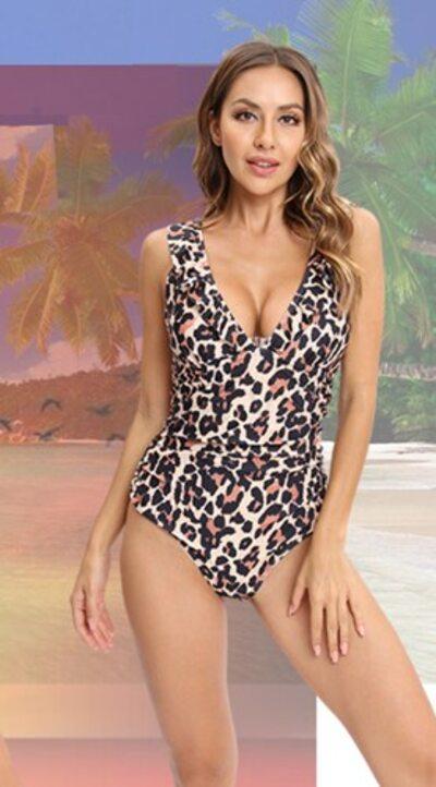 Dámské Push Up jednodílné plavky výstřih do V leopard velikost L (K438)