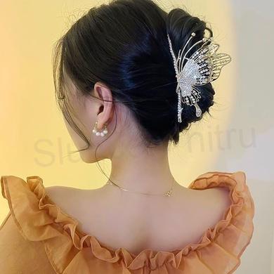 Vellká květinová spona do vlasů Butterfly Claw Clip, osázená štrasovými kamínky (H586)