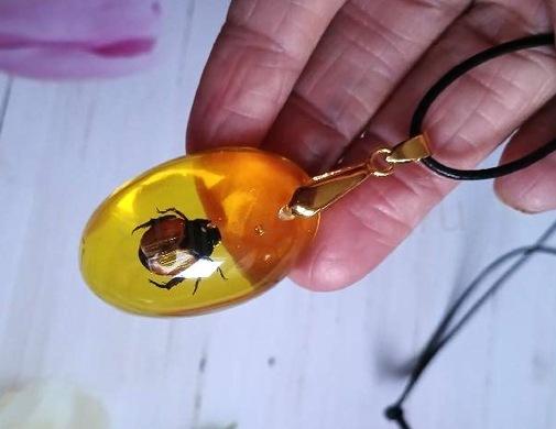 Jantarový přívěšek s broukem na kožené šňůrce (PP202)