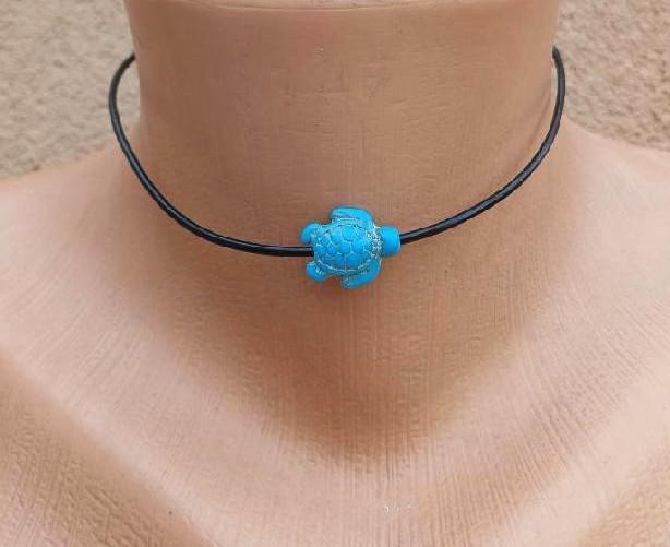 Náhrdelník choker kůže - tyrkys | želva modrá (BD934)