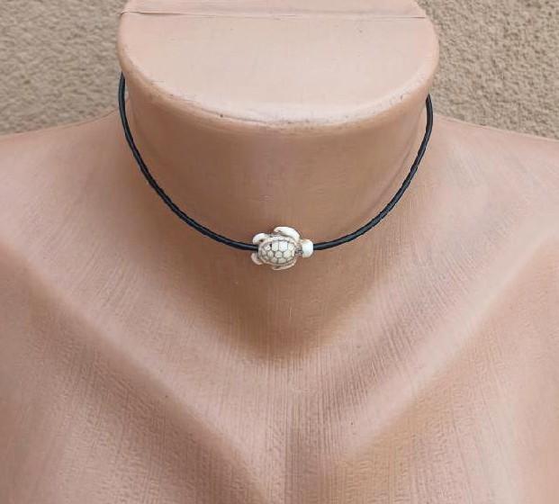 Náhrdelník choker kůže - tyrkys | želva béžová (BD935)