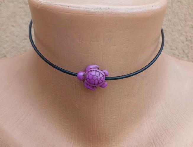 Náhrdelník choker kůže - tyrkys | želva fialová (BD936)