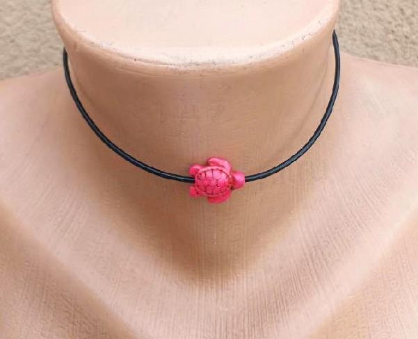 Náhrdelník choker kůže - tyrkys | želva růžová (BD937)