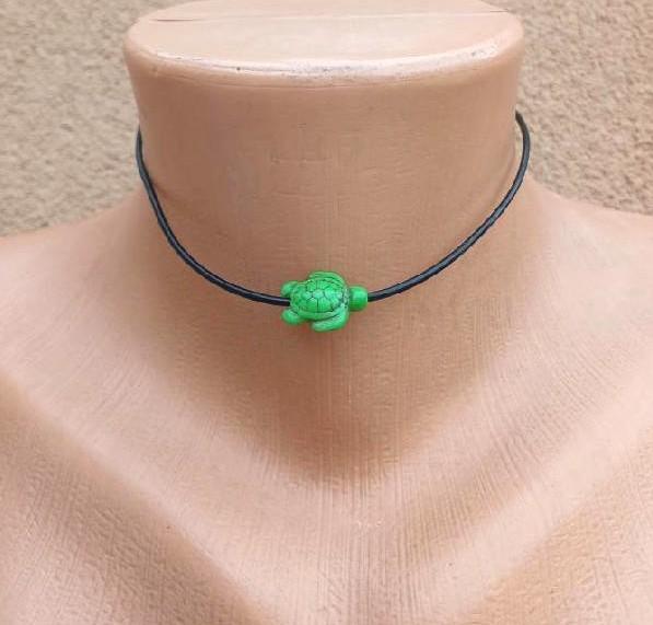 Náhrdelník choker kůže - tyrkys | želva zelená (BD939)