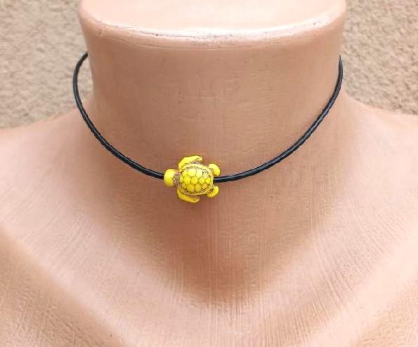 Náhrdelník choker kůže - tyrkys | želva žlutá (BD940)