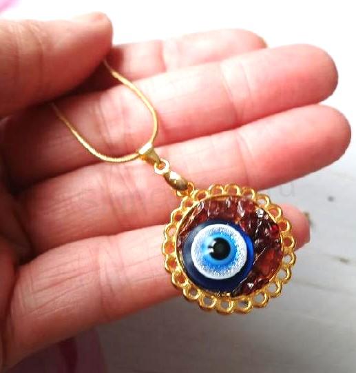 Náhrdelník z granátu s okem na pozlaceném 18k řetízku (X2099)