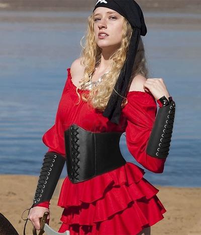 Gotický šněrovací kožený korzet a manžety na zápěstí sada černá (K629)