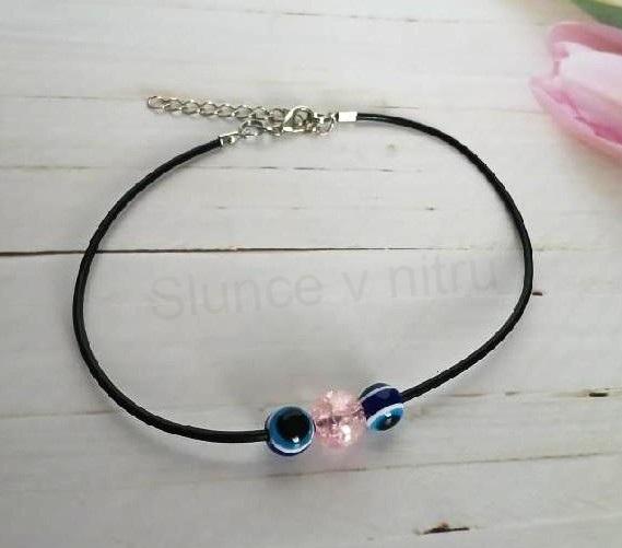 Náhrdelník choker kůže - korálky oko, korálek růžový (BD977)