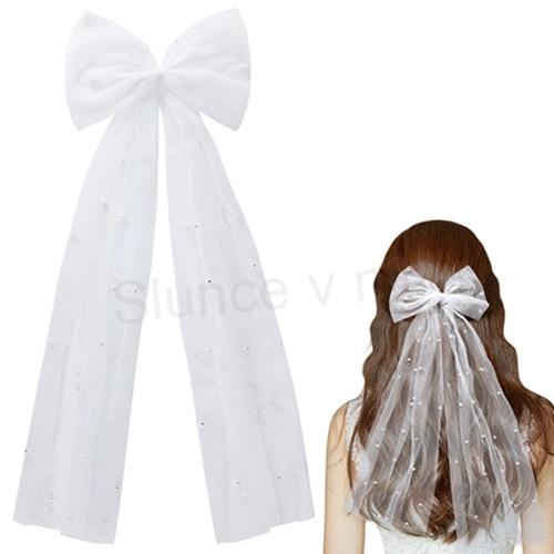 Svatební perlový závoj s mašlí a klipem 56 cm (H712)