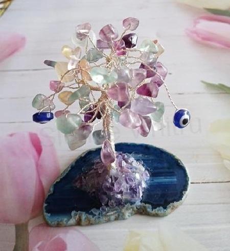 Minerální stromeček štěstí – achát, fluorit, ochranné oko (X2184)