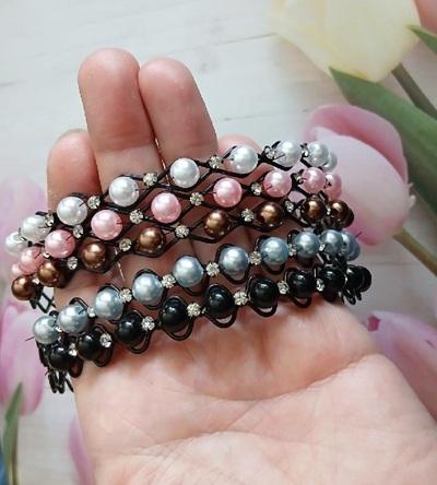 Perličková čelenka s broušenými kamínky – růžovo‑fialová (H757)