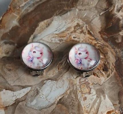 Náušnice klipsy jednorožec, kabošon 14 mm – nerez (BB982)