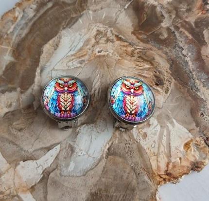 Náušnice klipsy sova, kabošon 14 mm – nerez (BB986)