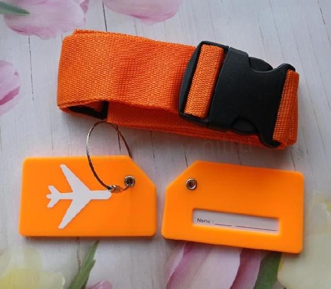 Sada cestovní – oranžový popruh na kufr + oranžová visačka (L73)