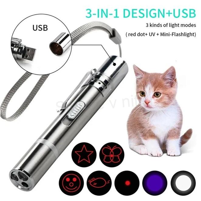 Interaktivní laserová hračka pro kočky 3v1 – USB dobíjecí + kovové pouzdro (T38)