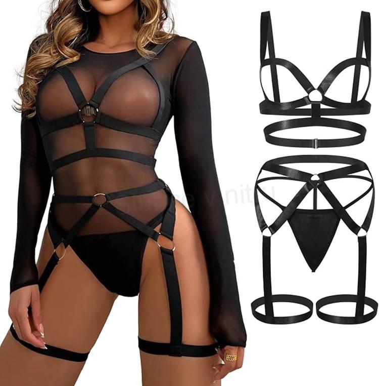 Sexy Harness spodní prádlo 3dílný set černý velikost S/M (K829)