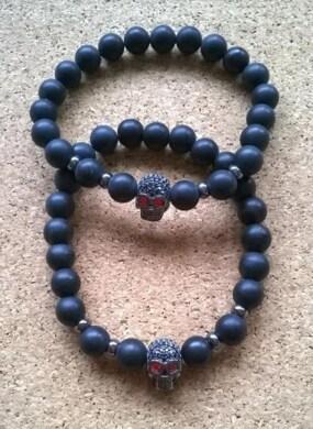 Minerální náramek s černým Achátem a Zirkony Skull (BC15)