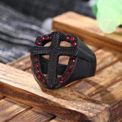 Pánský prsten templářský černý kříž s červenými křišťály (BP7)