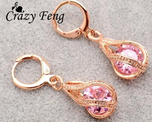 Dlouhé pozlacené náušnice – zirkonová kapka, růžová (BB250)