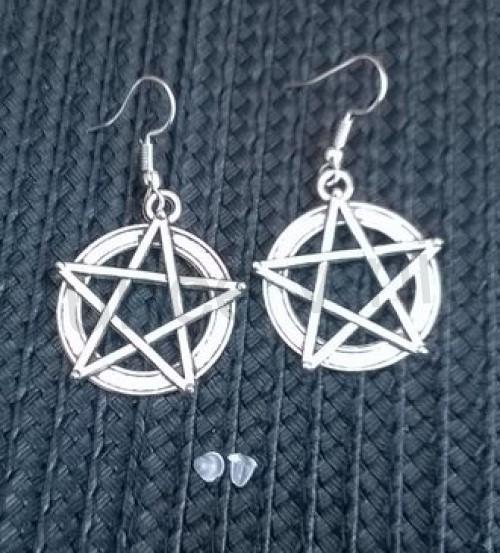 Dlouhé náušnice Čarodějnický Pentagram Ochrana -  stříbrné (BB414)