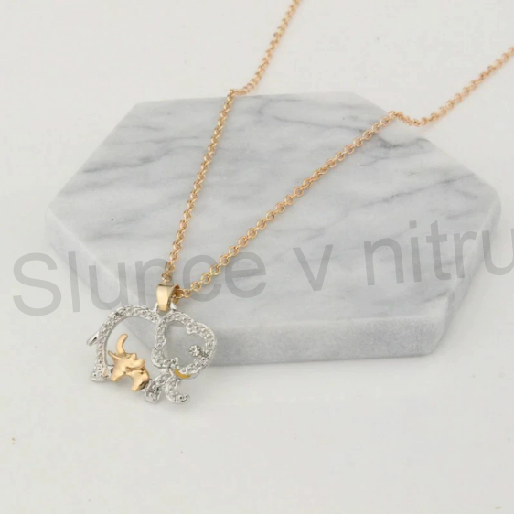 Postříbřený, pozlacený náhrdelník Slon - Matka s Mládětem (BD267)