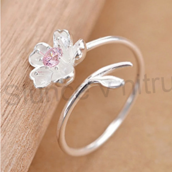 Nastavitelný postříbřený prsten třešňový květ růžový zirkon (BE204)