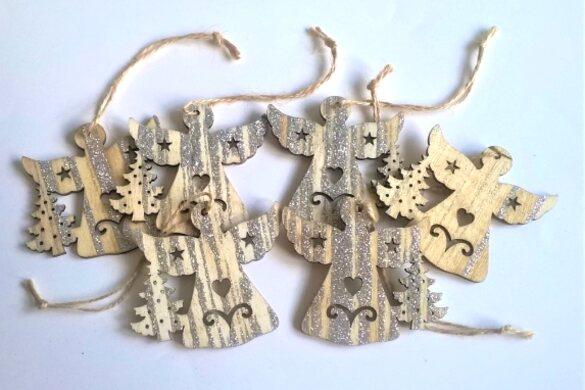 Dřevěná vánoční ozdoba andílek s glitry (H181)