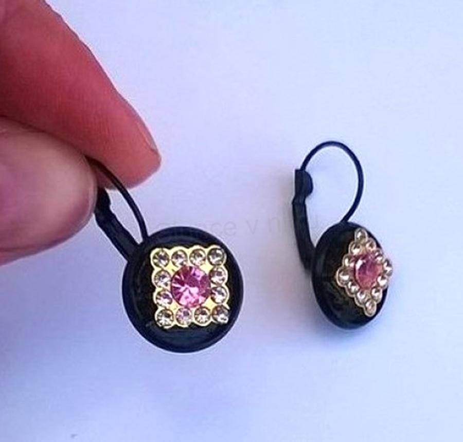 Černé náušnice s kamínky růžové (BB567)