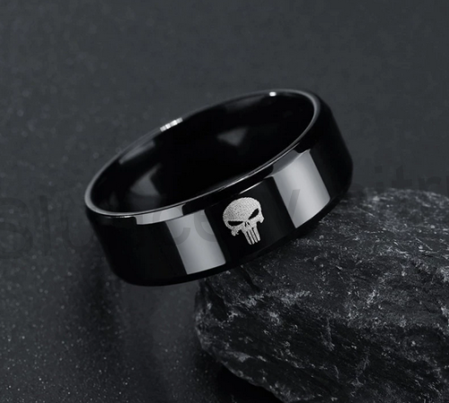 Černý prsten z chirurgické oceli / titán s ornamentem lebka, punisher (BP397)