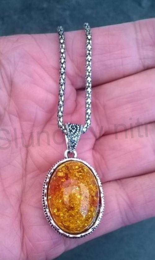 Popcornový postříbřený náhrdelník s Jantarem (X1234)