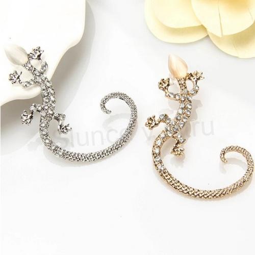 Puzetová náušnice Ještěrka, Gekon kočičí oko a čirými kamínky stříbrná (X1357)